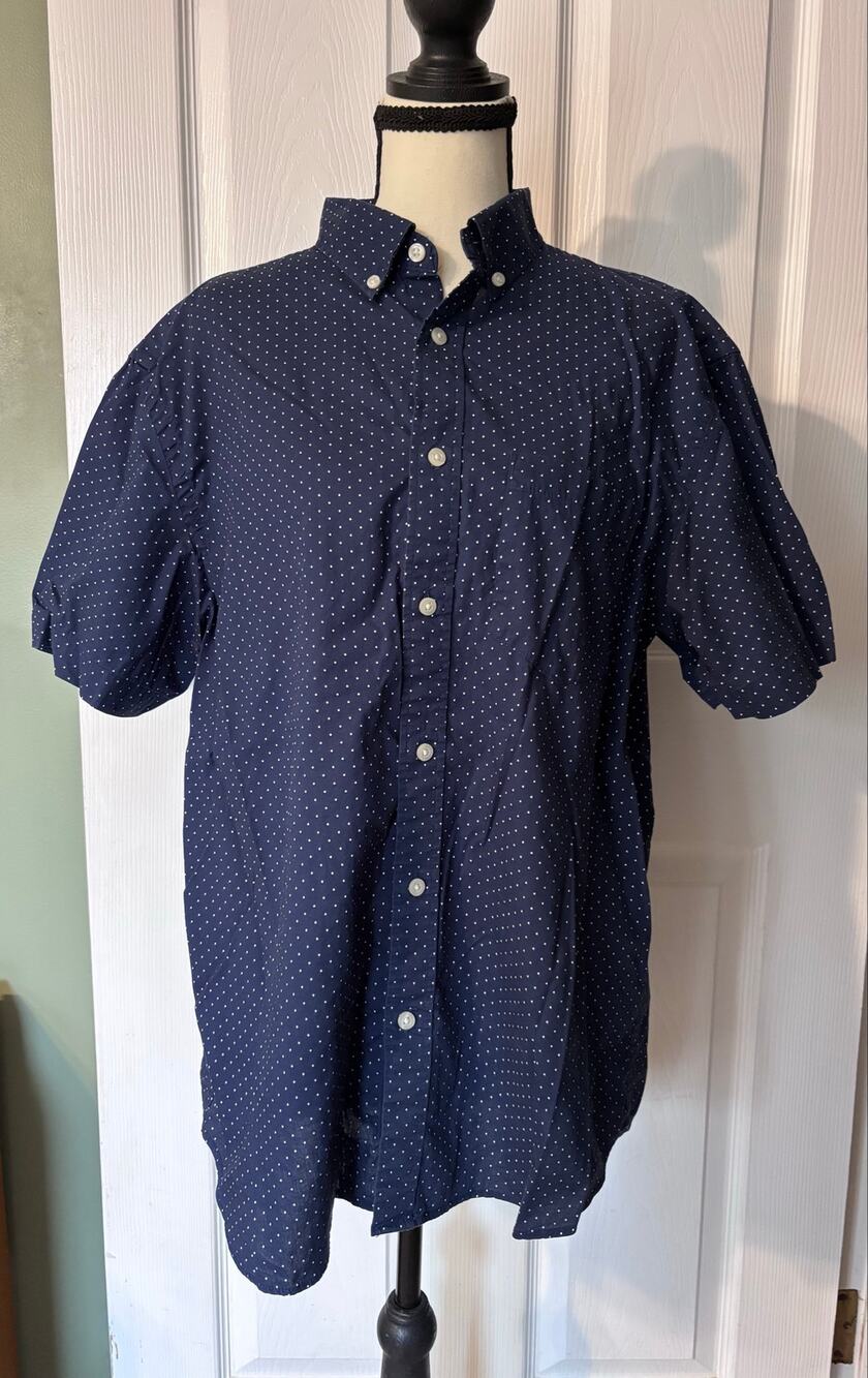 Old Navy Short Sleeve Button Down Men's Large Navy Blue & White Polka Dot